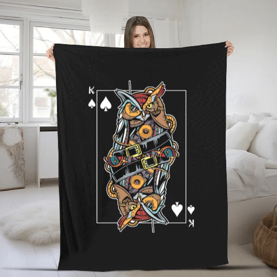 Eagle Owl Steampunk Card Game King of Spades Poker Fleece Blankets