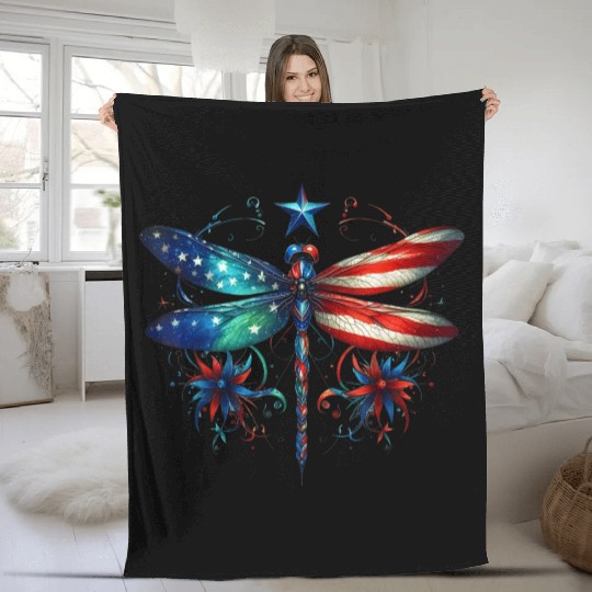 American Flag Dragonfly Patriotic 4th of July Fleece Blankets