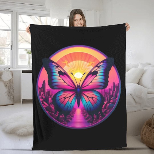 Synthwave ButterFly at Sunset Fleece Blankets