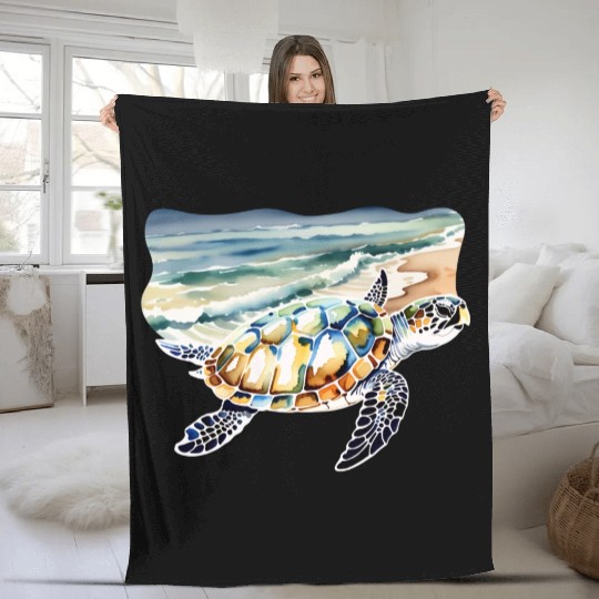Sea Turtle at the Beach in Watercolor Fleece Blankets