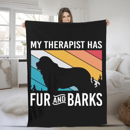 My Therapist Has Fur And Barks Retro Therapy Dog Fleece Blankets