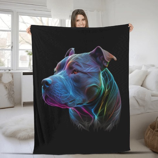 Neon Bluenose Pitbull Dog 3D Face Art Fleece Blankets