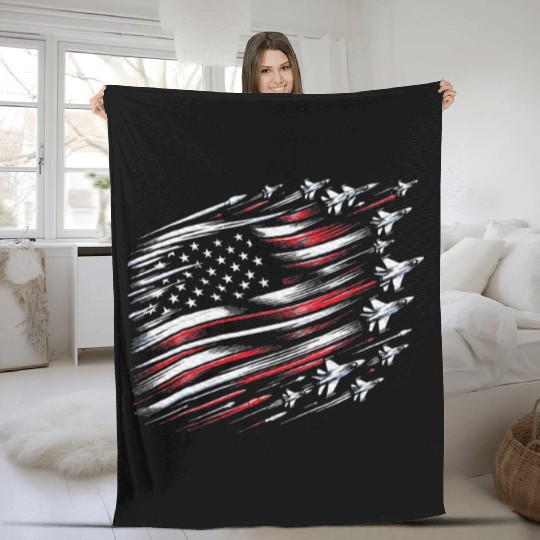 Patriotic Red Blue US Flag Fighter Jets Fleece Blankets
