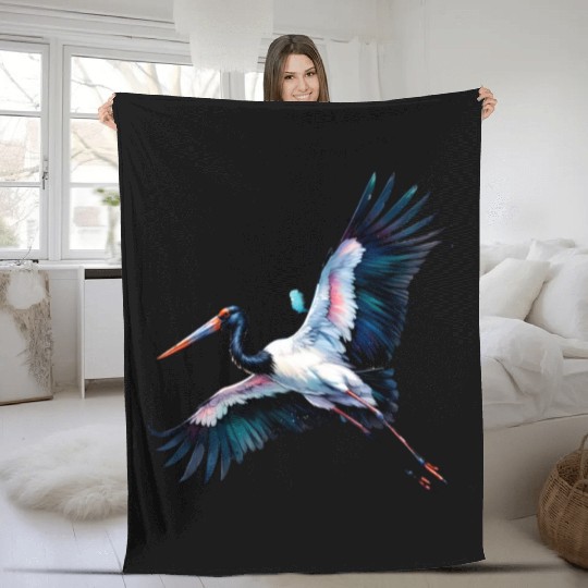 Black Necked Stork in Flight Fleece Blankets