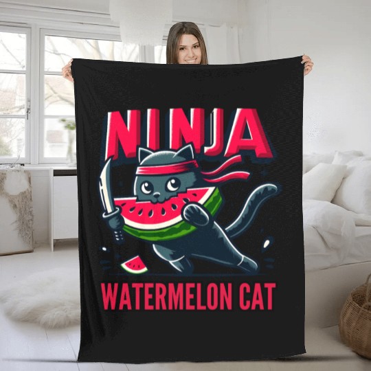 Ninja Cat Watermelon Swordplay Fleece Blankets