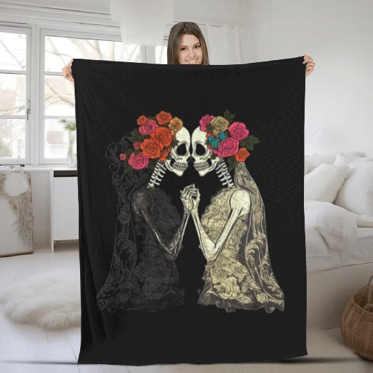 Lesbian Couple Skeletons Kissing LGBTQ Pride Fleece Blankets
