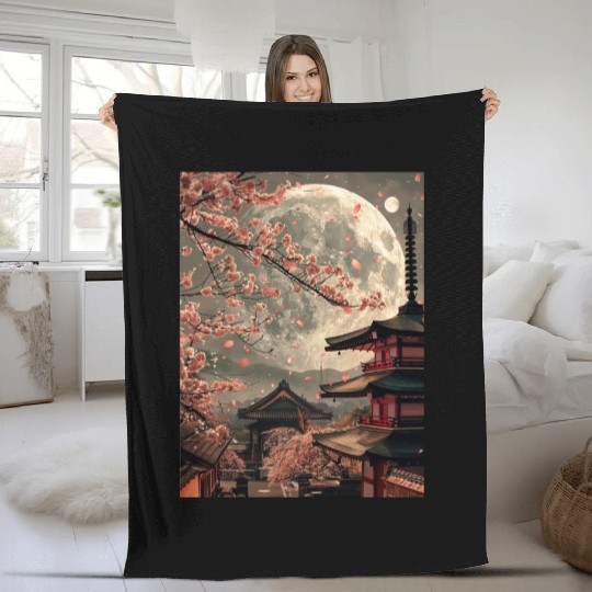 Full Moon in Tokyo Japan Sakura Fleece Blankets