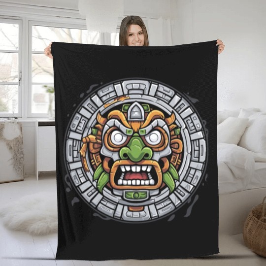 Aztec God Ancient Mythology Tonatiuh Mask Fleece Blankets