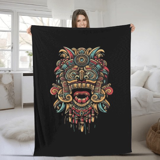 Aztec God Ancient Mythology Tonatiuh Warrior Mask Fleece Blankets