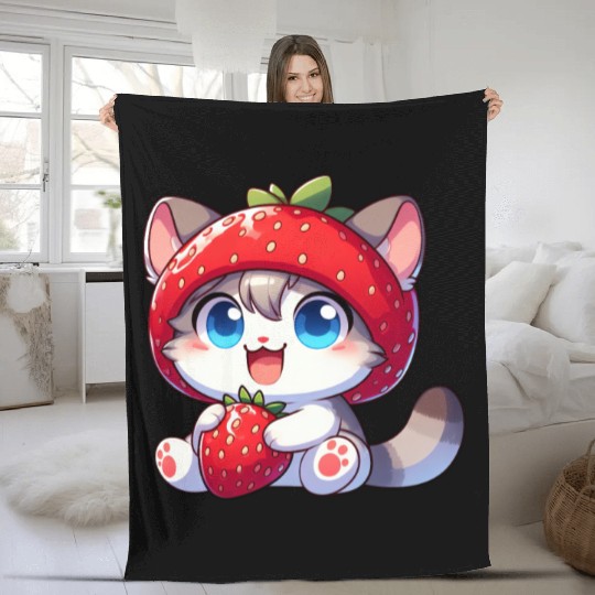 Cute Cat Strawberry Fruit Hat Quirky Fleece Blankets