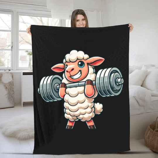 Cute sheep lamb weightlifter fitness workout Fleece Blankets