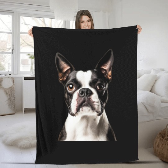 Cute Boston Terrier Dog Face, Adorable Pet Lover Fleece Blankets