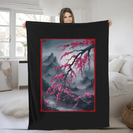 Vintage Cherry Blossom Landscape Graphical Fleece Blankets