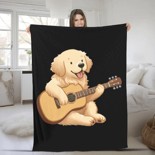Golden Retriever playing guitar Fleece Blankets