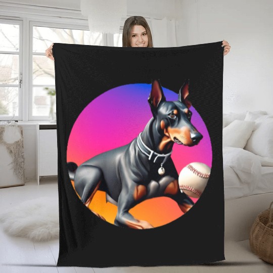 Doberman baseball player Fleece Blankets