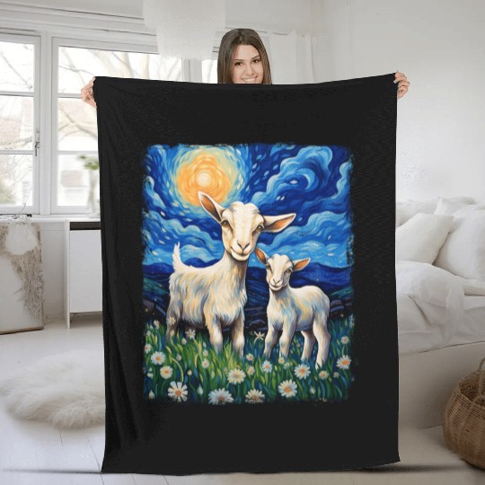 Goats Farm Animals Farmer Starry Night Painting Fleece Blankets