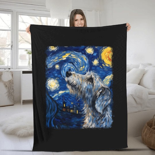 Irish Wolfhound Dog Starry Night Painting Fleece Blankets