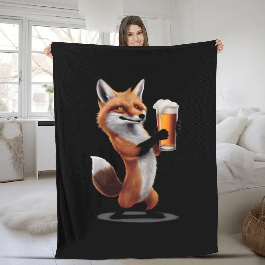 Fox Drinking Beer Realistic Fleece Blankets
