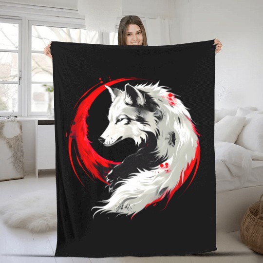 Lunar Red White Wolf Fleece Blankets