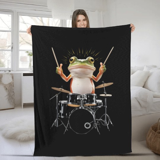 Frog Playing Drums Realistic Fleece Blankets