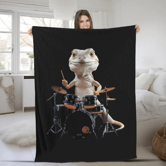 Lizard Playing Drums Realistic Fleece Blankets