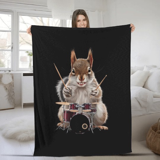 Squirrel Playing Drums Realistic Fleece Blankets