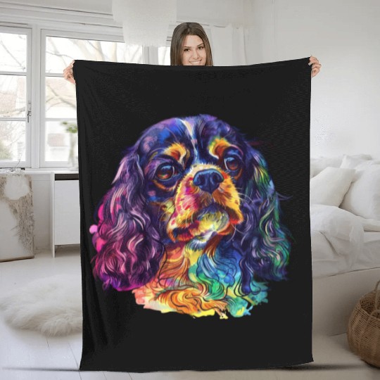 Colorful Cavalier King Charles Spaniel Portrait Fleece Blankets