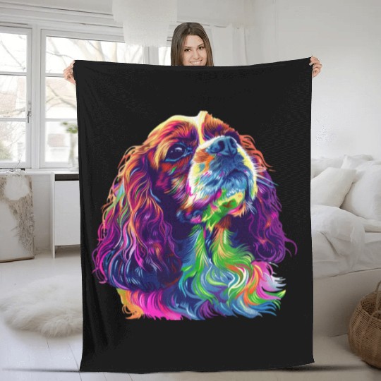 Cavalier King Charles Spaniel Illustration Rainbow Fleece Blankets