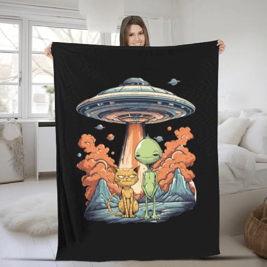 Cat Ufo Meme Funny Surprised Scared Cat Selfie Fleece Blankets