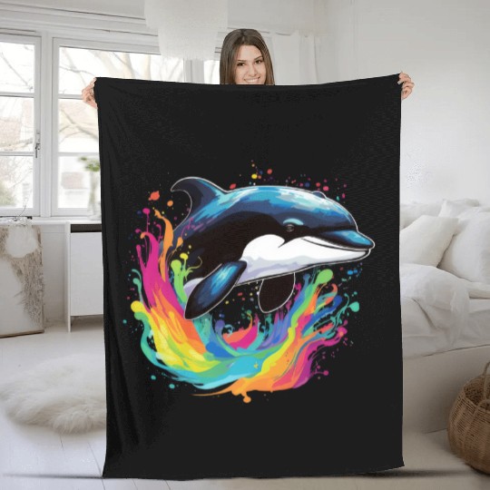 Dolphin In Ocean splash Fleece Blankets