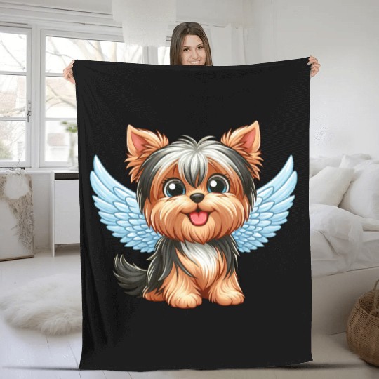 Cute Yorkshire Terrier with angel wings Fleece Blankets
