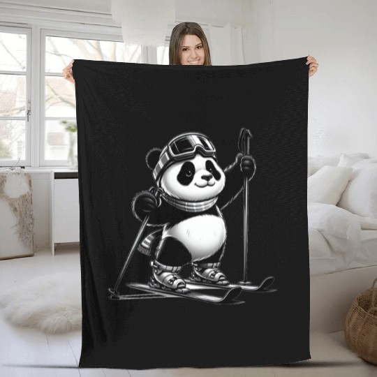 Cute Skier Panda Fleece Blankets