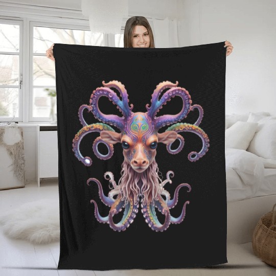 Psychedelic goa deer octopus Fleece Blankets