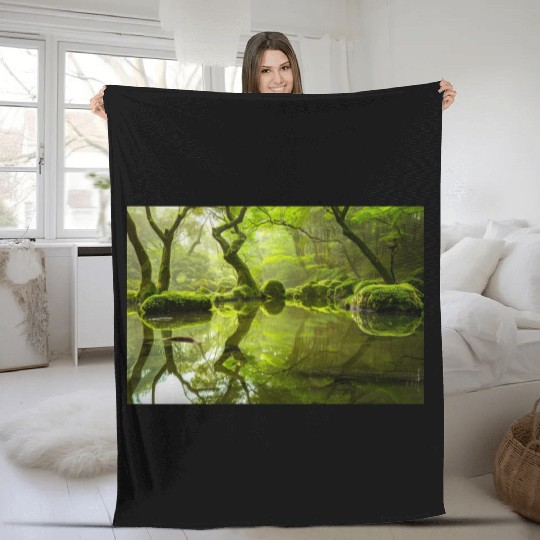 Enchanted Forest Reflections in Tranquil Pond Fleece Blankets