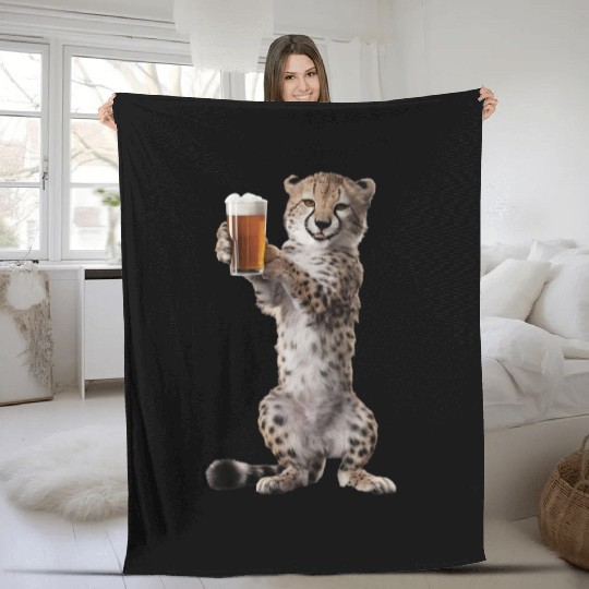 Cheetah Drinking Beer Realistic Fleece Blankets