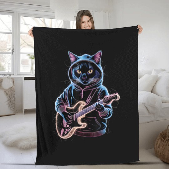 Rockstar Cat Electric Guitar Playing Fleece Blankets
