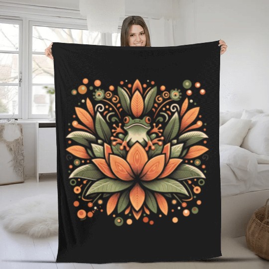 Frog on Lotus Fleece Blankets