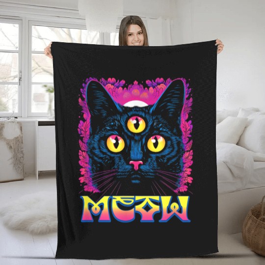 Rainbow Witch Cat Seeing Fleece Blankets