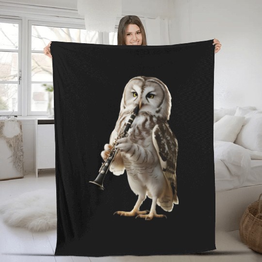 Owl Playing Clarinet Realistic Fleece Blankets