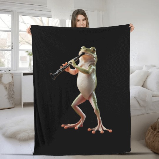Frog Playing Clarinet Realistic Fleece Blankets