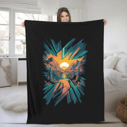 Abstract Geometric Mountain Sunset Landscape Fleece Blankets