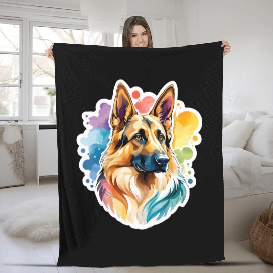 German Shepherd Watercolor Fleece Blankets