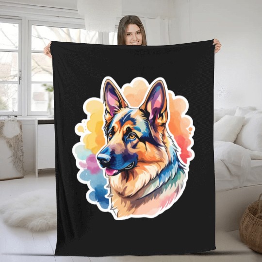 German Shepherd Watercolor Fleece Blankets
