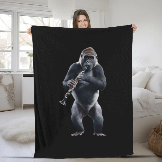 Gorilla Playing Clarinet Realistic Fleece Blankets