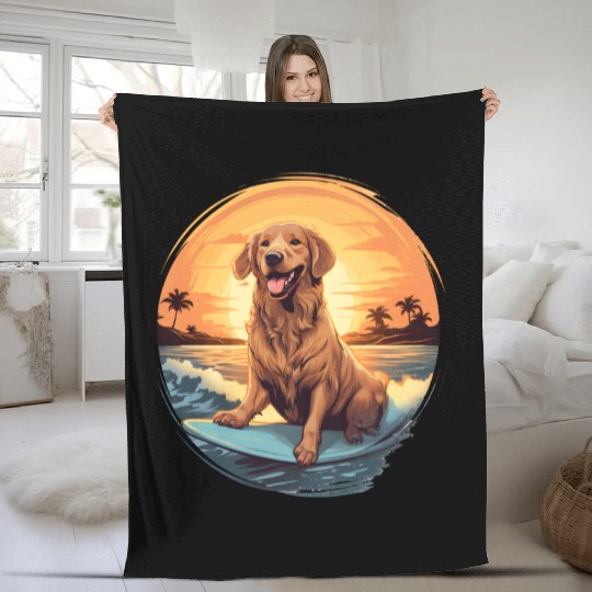 Golden Retriever Dog Surfing Happy Fleece Blankets