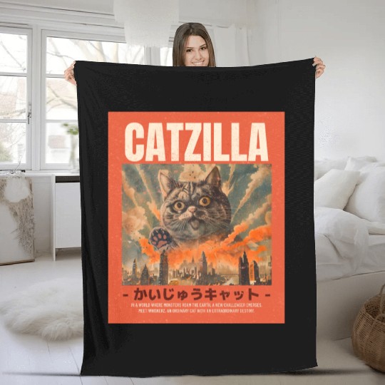 Catzilla Vintage Japanese Funny Angry Cat Fleece Blankets