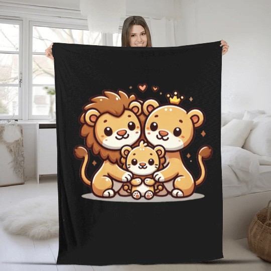 Lion Family Mother And Father With One Child Fleece Blankets