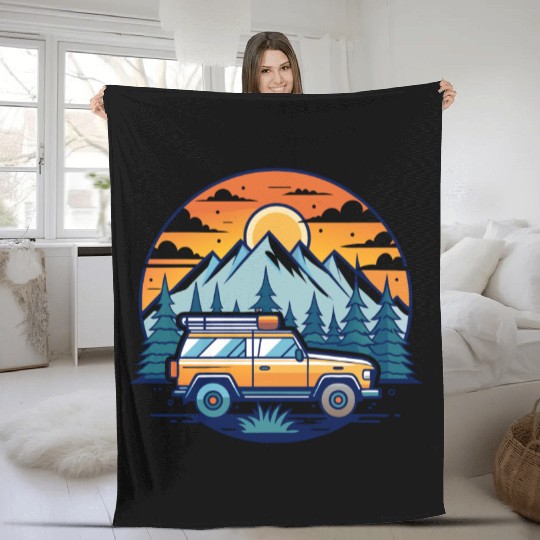 Camper Van parked Lake with Mountains Fleece Blankets