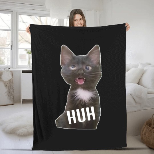 Funny Cross Eyed Cat Meme Huh Funny Cat Fleece Blankets