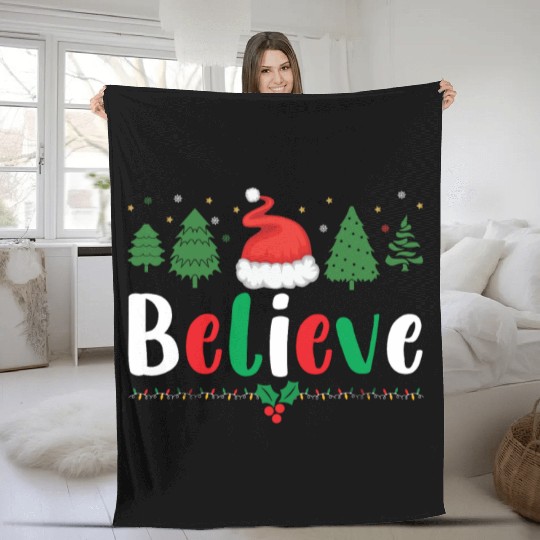 Merry Christmas Believe Santa Claus Hat Xmas Tree Fleece Blankets